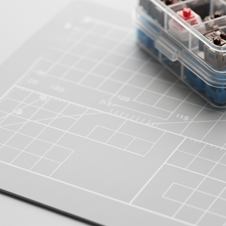 Small plastic box with keyboard switches components on a grid surface