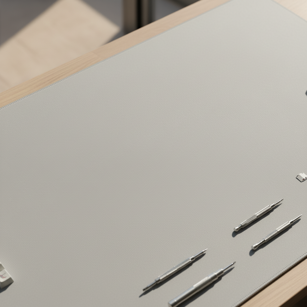 Servicing tools on a light gray surface with a wooden edge