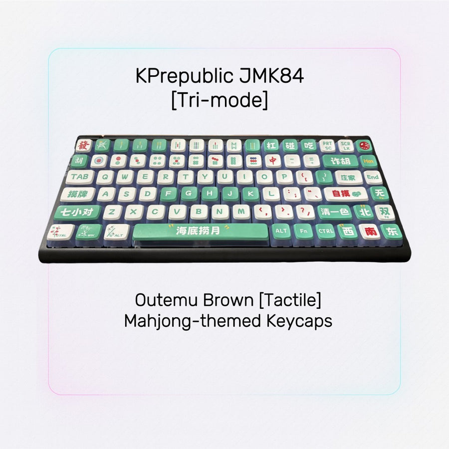 Keyboard with Mahjong-themed keycaps on a light gray background