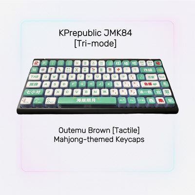 Keyboard with Mahjong-themed keycaps on a light gray background
